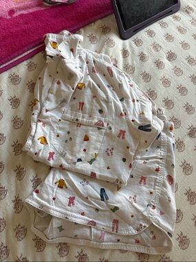 LOFT White Cotton Pajama Shorts & Top Set with Multicolor Mini Motifs